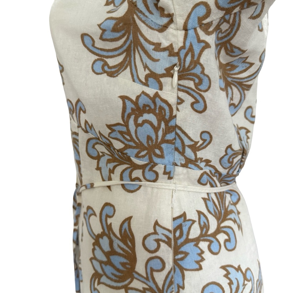 NWT Joie Floral Linen Mini Dress Blue Ivory Tie Sleeve Size 6 Vintage Inspired - Picture 6 of 9